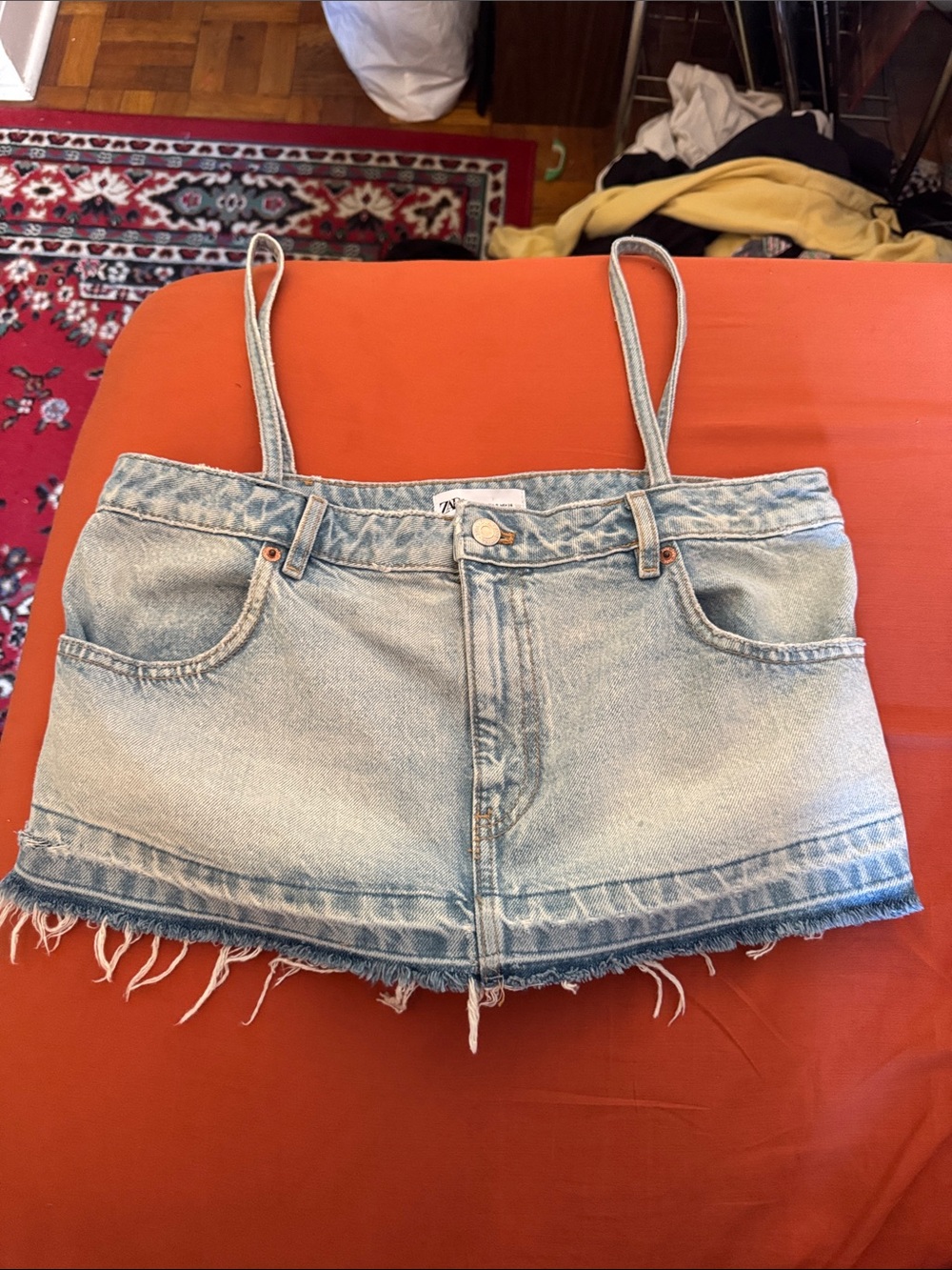 Zara Light Blue Denim Mini Skirt with Straps with Frayed Bottom